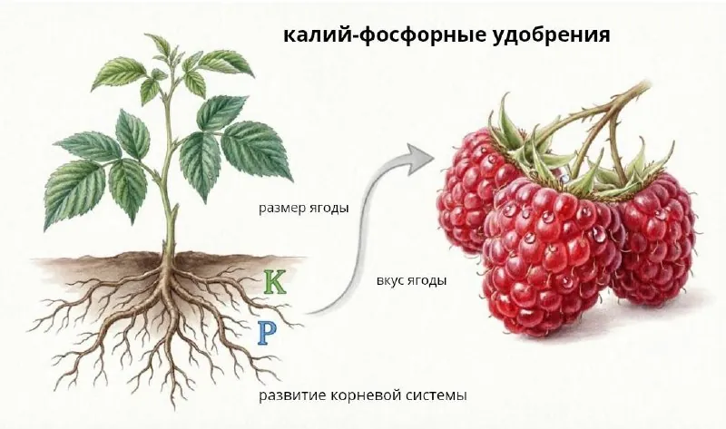 Схема: калий и фосфор отвечают за корни, размер и вкус ягоды